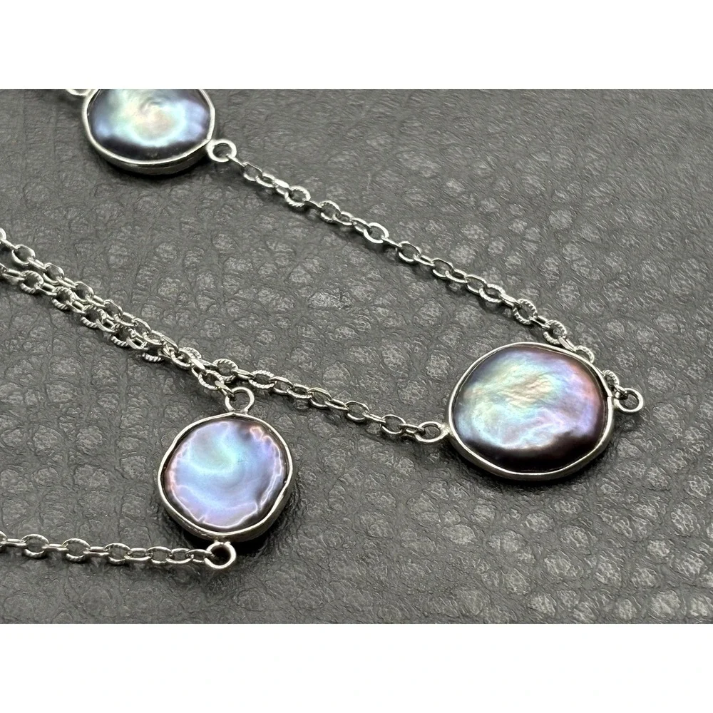Sterling Silver Iridescent Peacock Coin Pearl Station Necklace 35
